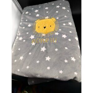 Just‎ Born Lion Roar Security Blanket Lovey 35x30 Gray White Stars Fleece Velour